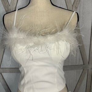 2 Piece Chic White Feather Trim top and mini skirt